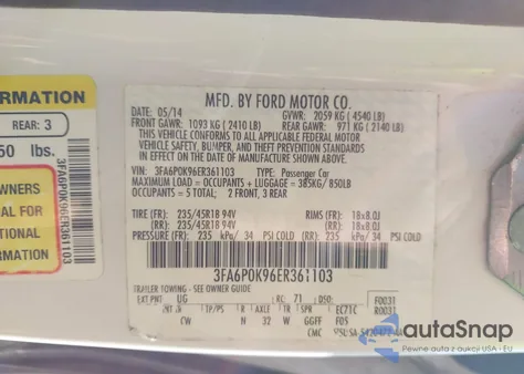 2014 Ford Fusion Titanium z USA, uszkodzony, nr VIN 3FA6P0K96ER361103